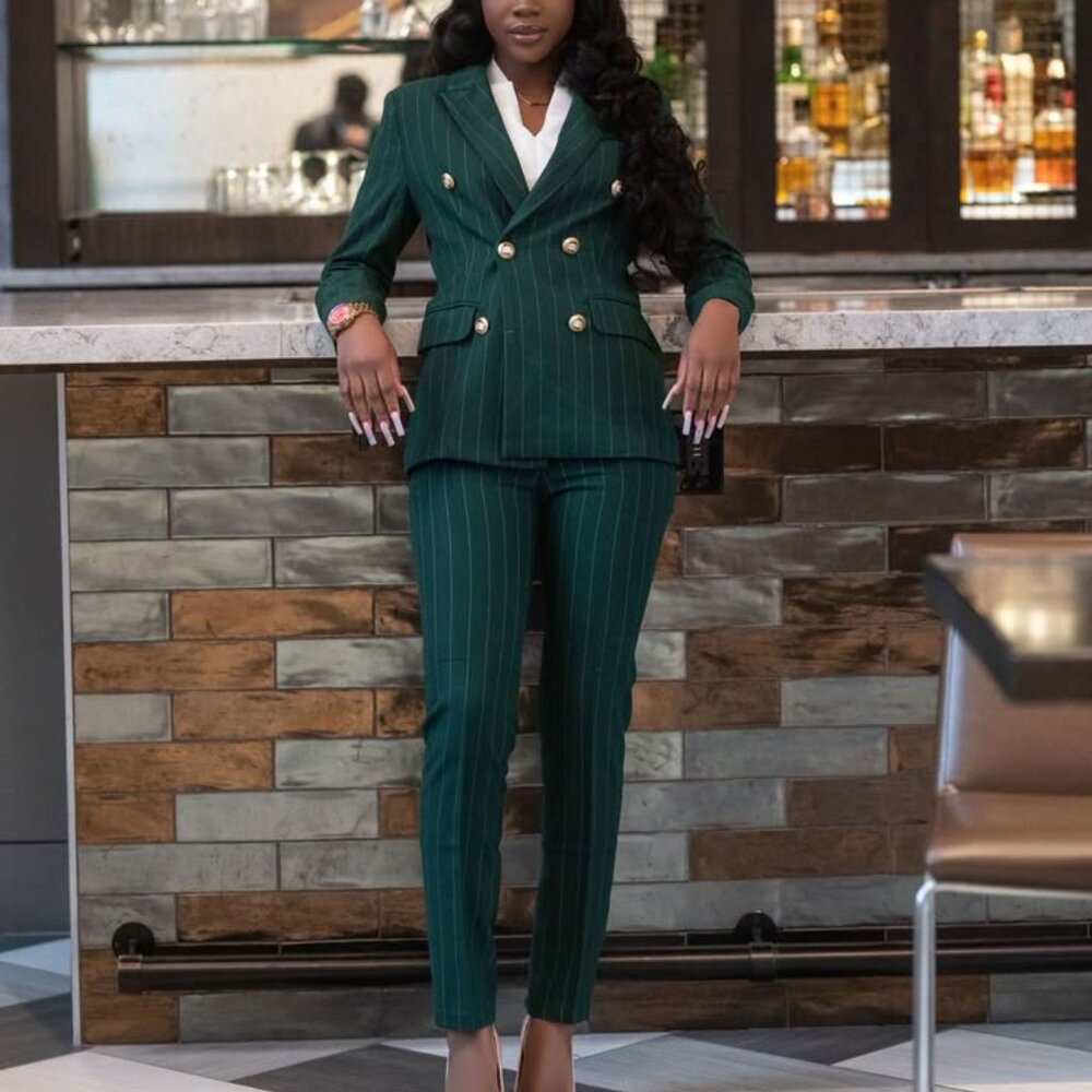 Belle Distinguishee Green Pinstripe Suit - Size XS
